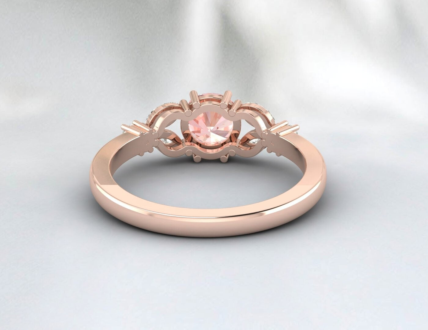 Round Morganite Engagement Ring Leaf Ring Silver Anniversary Gift