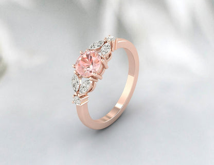 Bague de fiançailles ronde en morganite, bague en feuille, cadeau d'anniversaire en argent