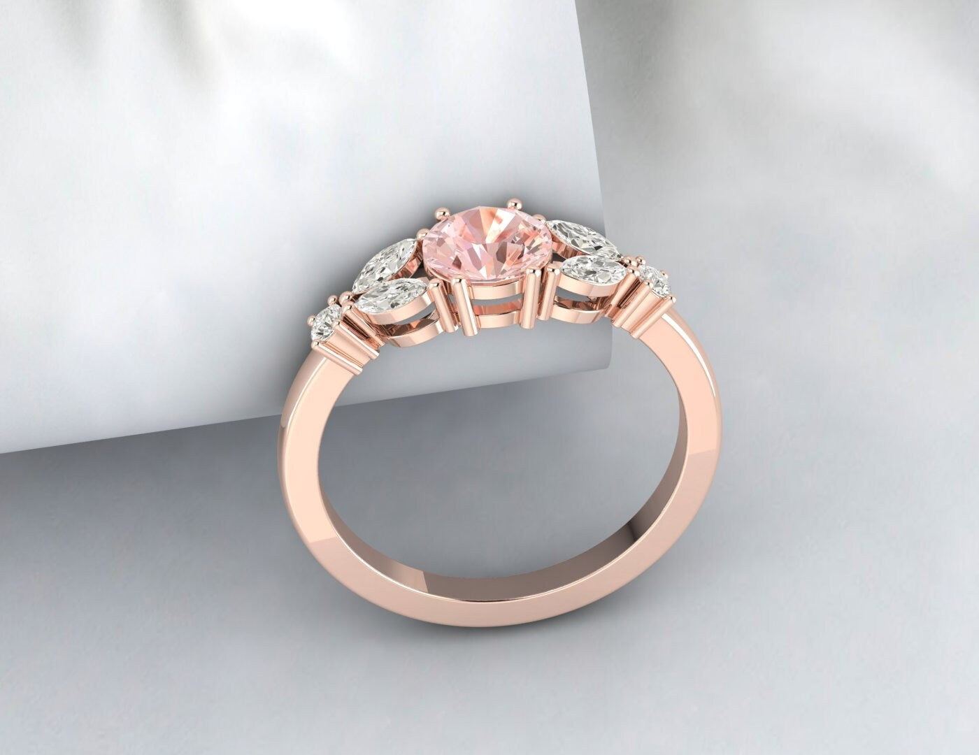 Bague de fiançailles ronde en morganite, bague en feuille, cadeau d'anniversaire en argent