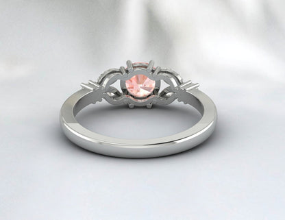 Bague de fiançailles ronde en morganite, bague en feuille, cadeau d'anniversaire en argent