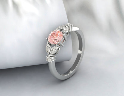 Bague de fiançailles ronde en morganite, bague en feuille, cadeau d'anniversaire en argent