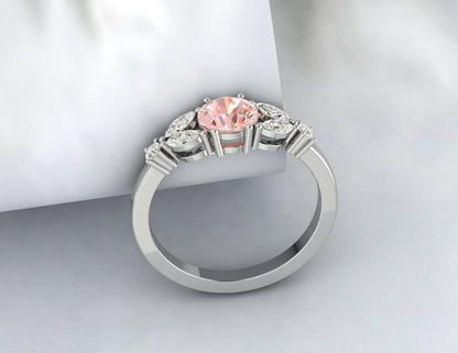 Bague de fiançailles ronde en morganite, bague en feuille, cadeau d'anniversaire en argent