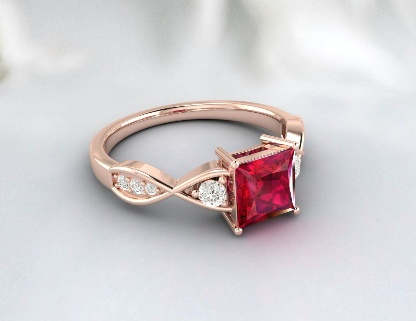 Princess Cut Twist Ruby Engagement Ring Silver Wedding Ring Ring