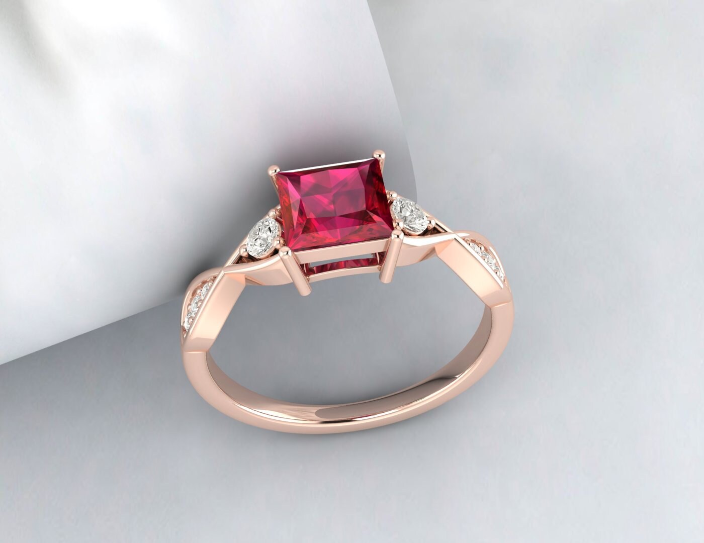 Princess Cut Twist Ruby Engagement Ring Silver Wedding Ring Ring