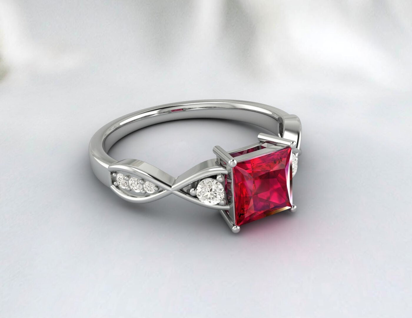 Bague de fiançailles en rubis torsadé taille princesse, bague de mariage en argent