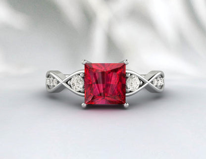 Princess Cut Twist Ruby Engagement Ring Silver Wedding Ring Ring