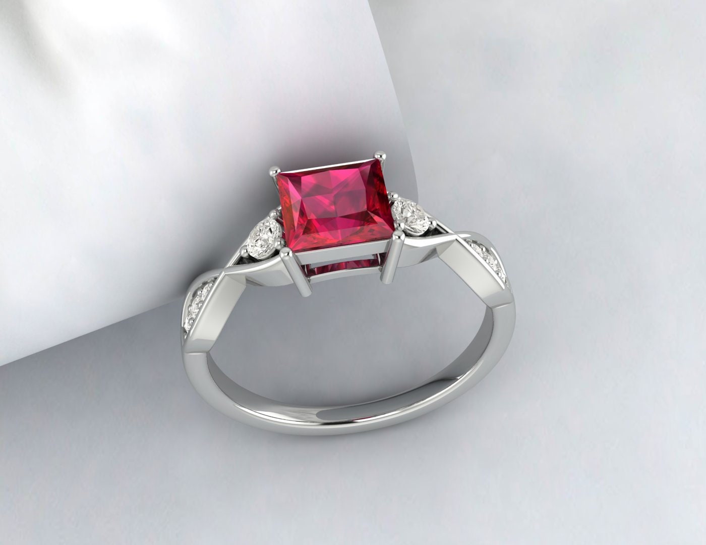 Bague de fiançailles en rubis torsadé taille princesse, bague de mariage en argent