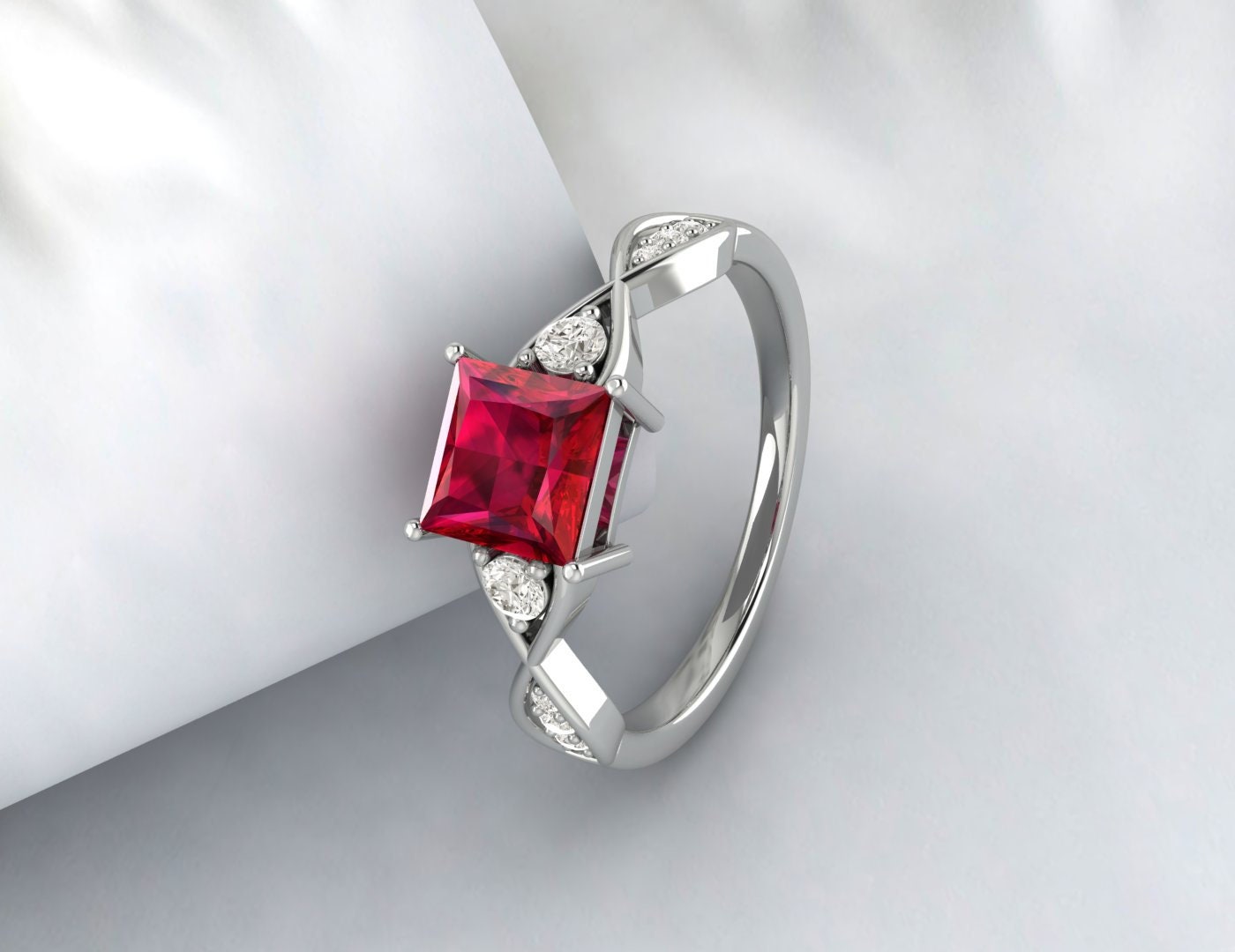 Princess Cut Twist Ruby Engagement Ring Silver Wedding Ring Ring