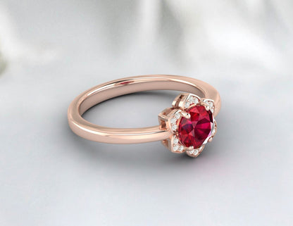 Unique Flower Ruby Diamond Wedding Ring July Birthstone Ring