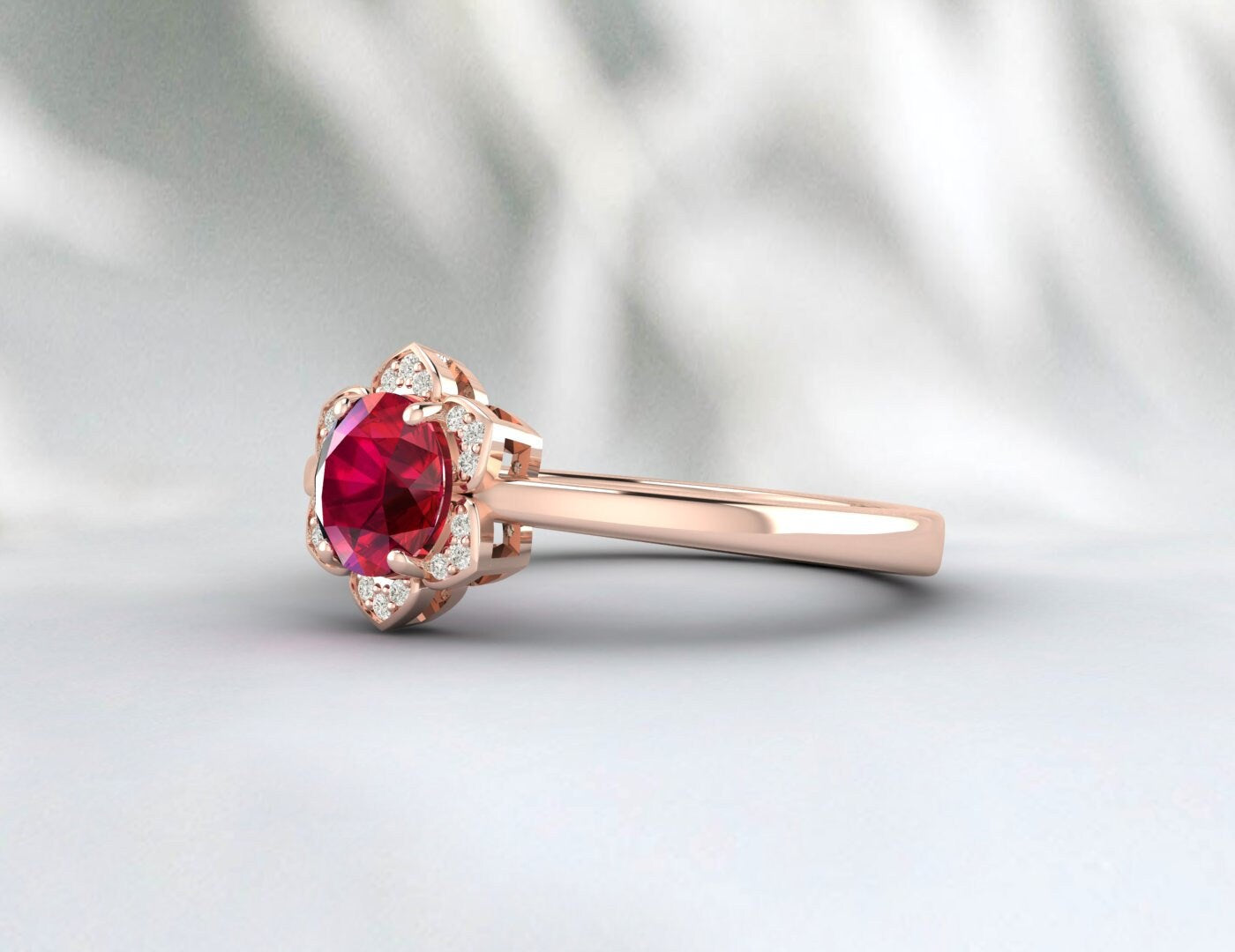 Bague de mariage unique en diamant rubis et fleur, bague avec pierre de naissance de juillet