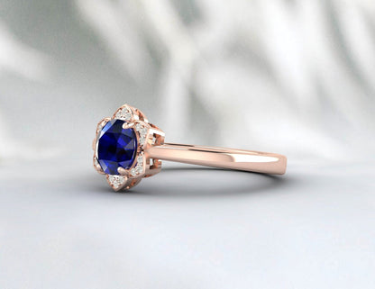 Flower Blue Sapphire ring Unique Diamond Ring Silver Engagement Ring