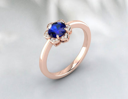 Flower Blue Sapphire ring Unique Diamond Ring Silver Engagement Ring