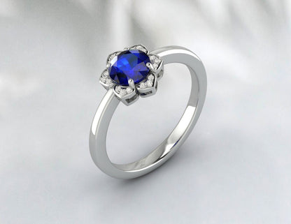 Flower Blue Sapphire ring Unique Diamond Ring Silver Engagement Ring