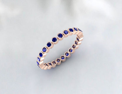 Natural Blue Sapphire Bezel Set Full Eternity Wedding Band Stacking Ring September Birthstone Gift For Love Matching Band For Her