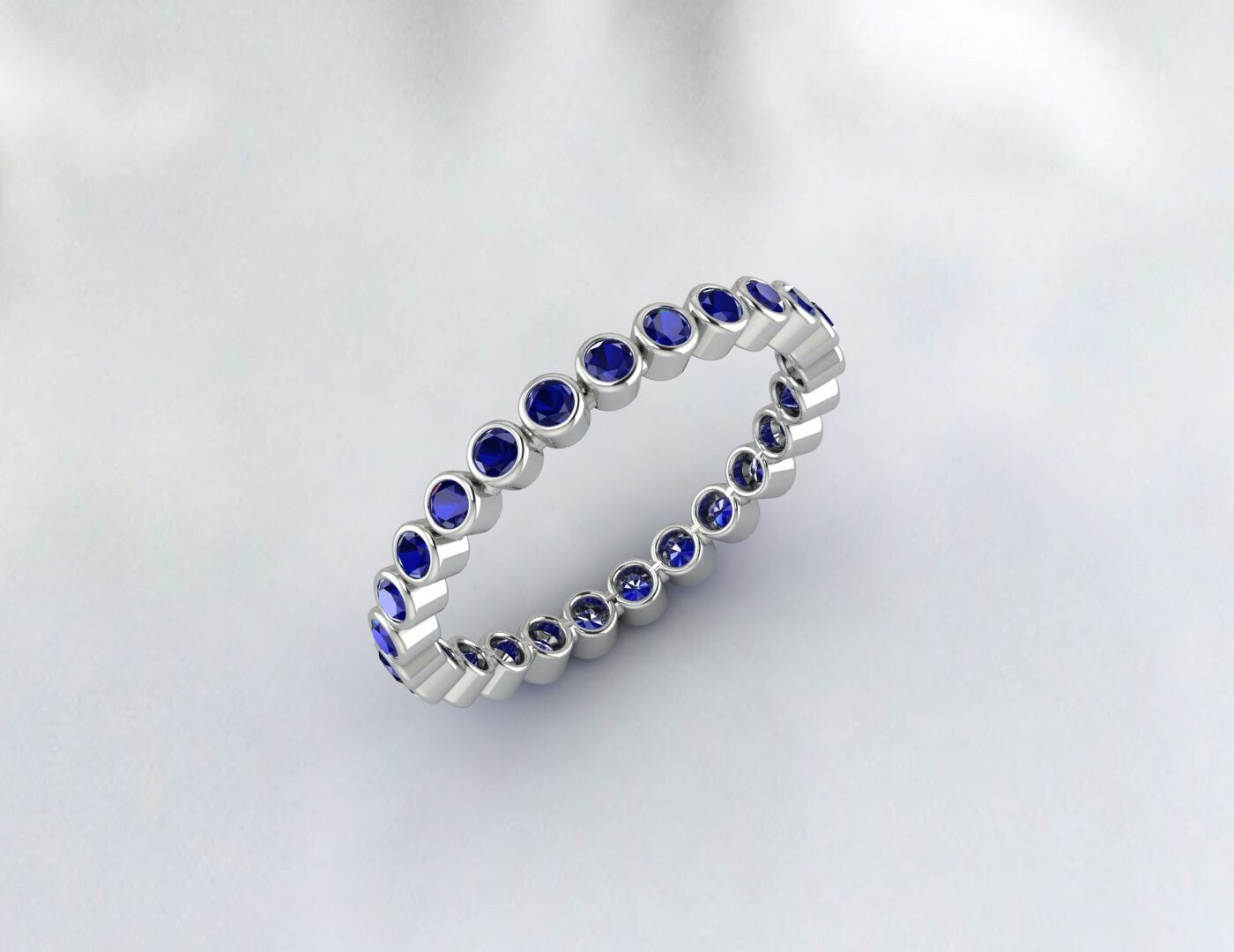 Natural Blue Sapphire Bezel Set Full Eternity Wedding Band Stacking Ring September Birthstone Gift For Love Matching Band For Her