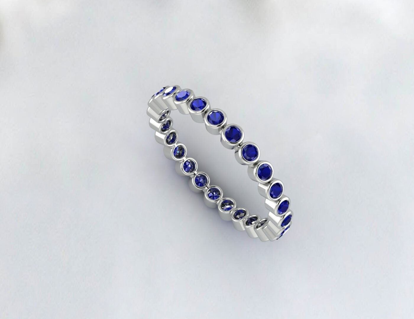 Natural Blue Sapphire Bezel Set Full Eternity Wedding Band Stacking Ring September Birthstone Gift For Love Matching Band For Her