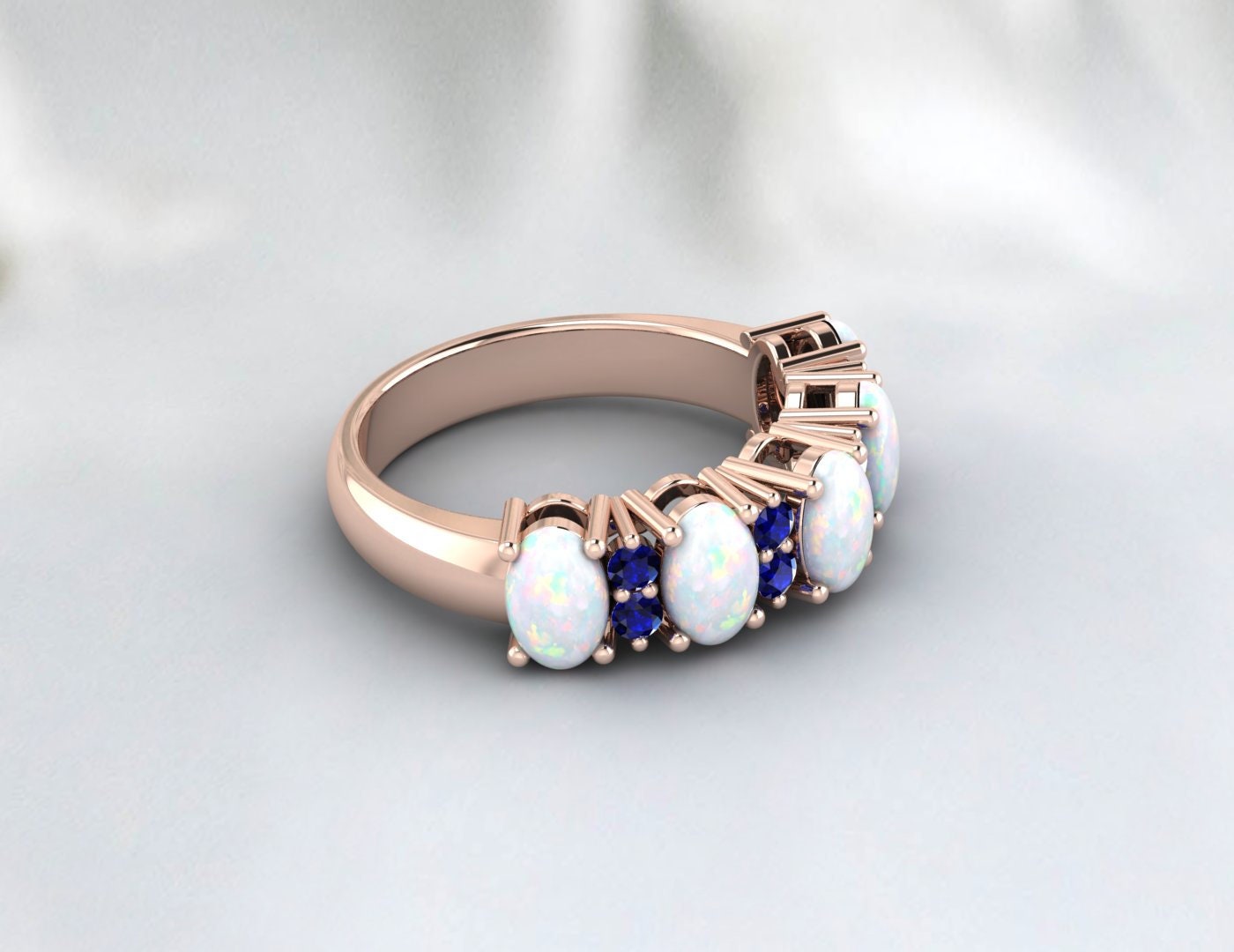 Opal With Blue Sapphire Silver Band Half Eternity Band Wedding Band