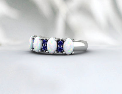 Opal With Blue Sapphire Silver Band Half Eternity Band Wedding Band