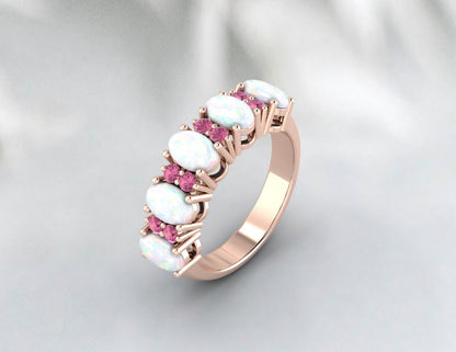 Bague de mariage opale, tourmaline rose, cadeau d'anniversaire