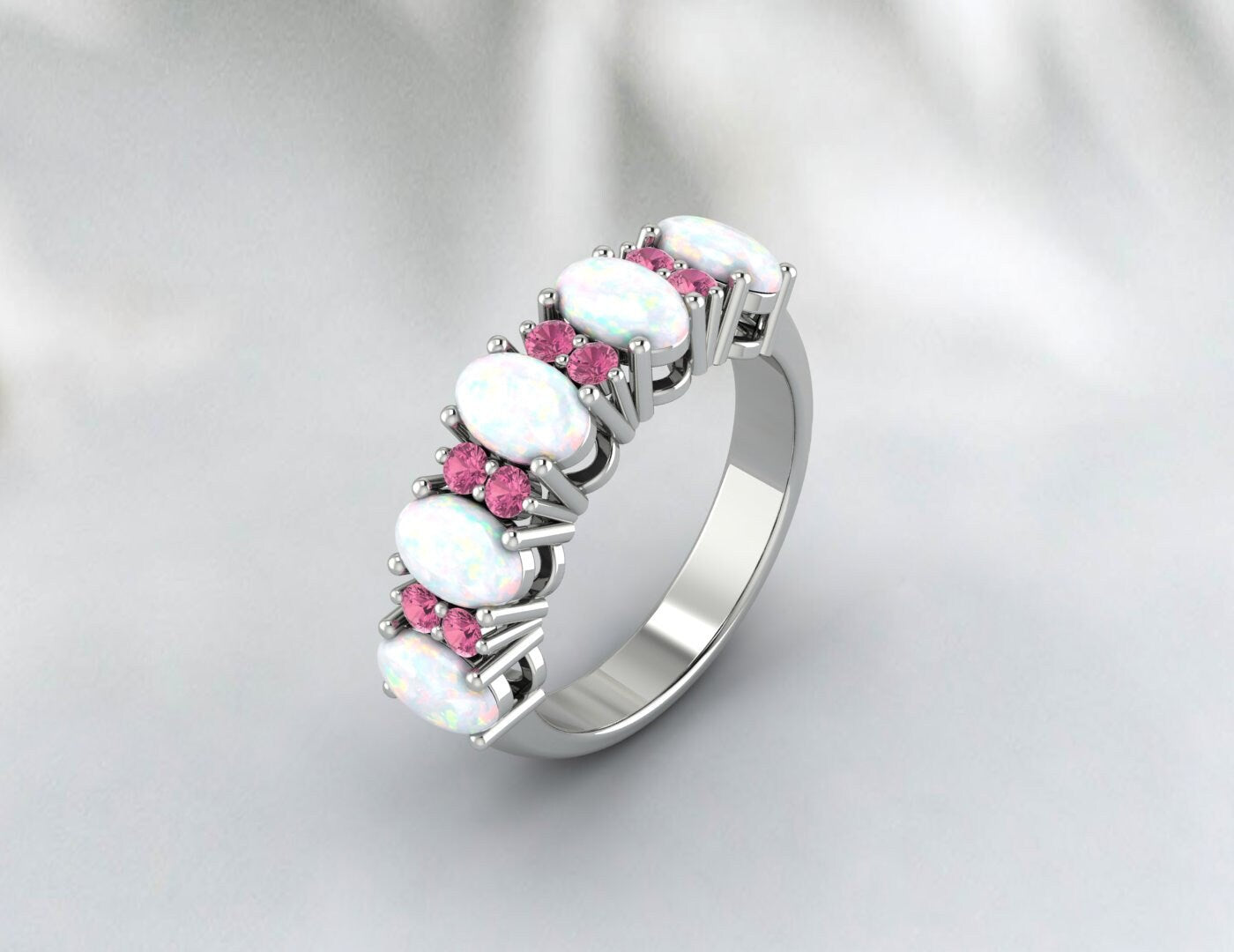 Opal Wedding Ring Pink Tourmaline Wedding Band Anniversary Gift