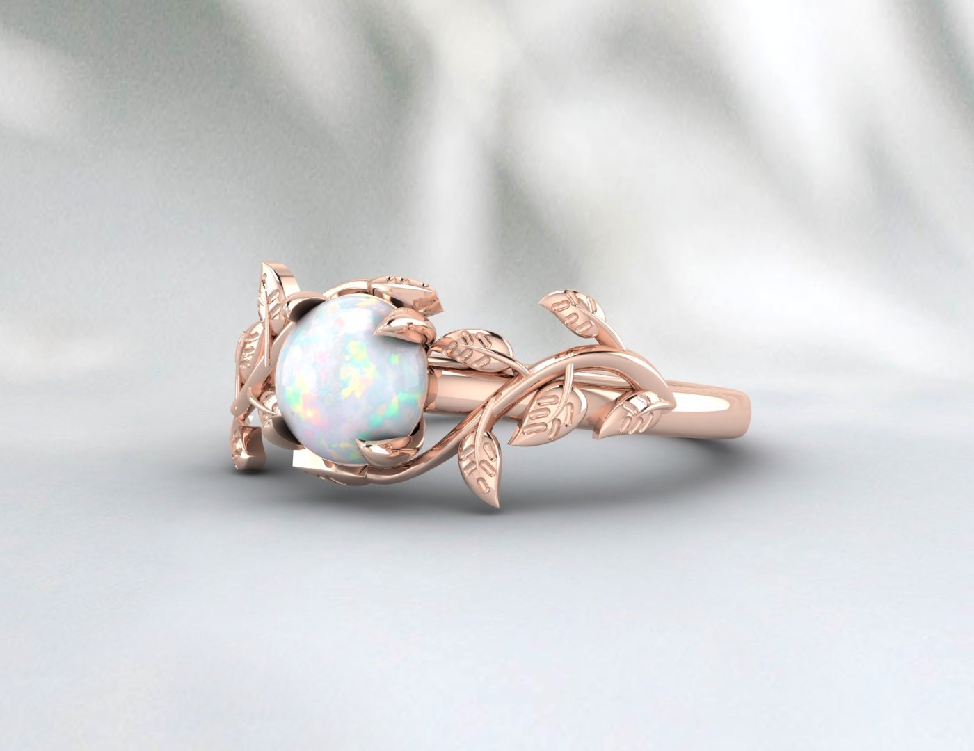 Natural 1 Carat Opal Vine Leaf Ring, Nature Inspired Round Opal Solitaire Ring, October Gemstone Ring, October Bridal Ring, Vine Leaf Opal