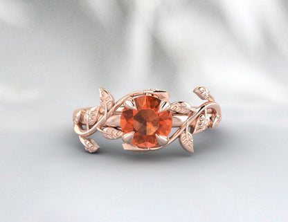 Bague de fiançailles en forme de feuille de saphir orange, cadeau d'anniversaire pour femmes