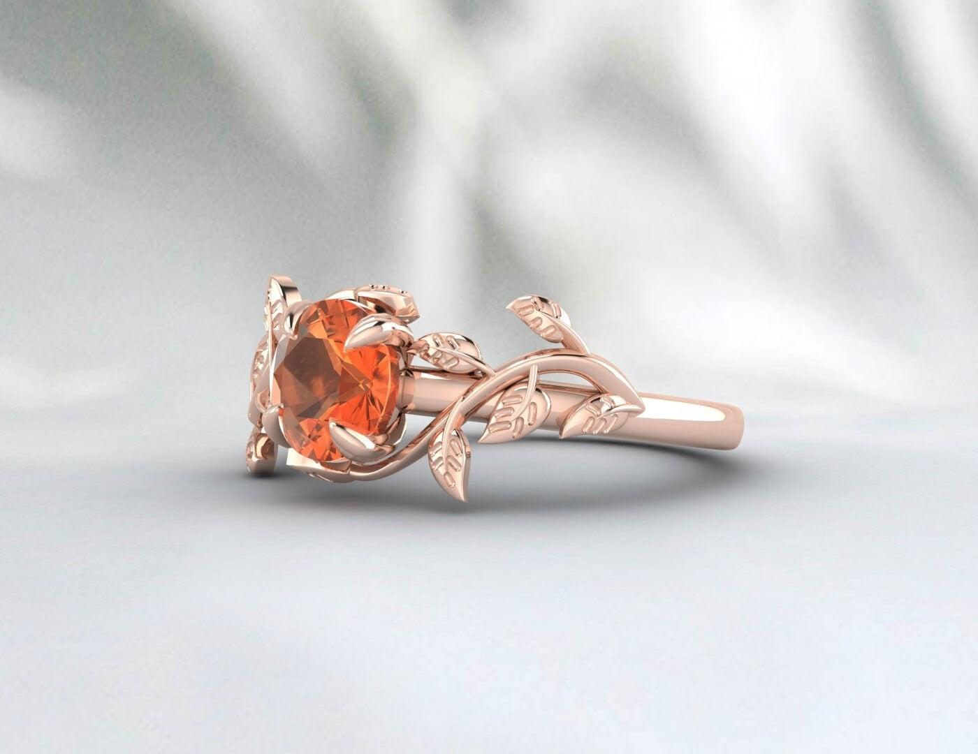 Bague de fiançailles en forme de feuille de saphir orange, cadeau d'anniversaire pour femmes