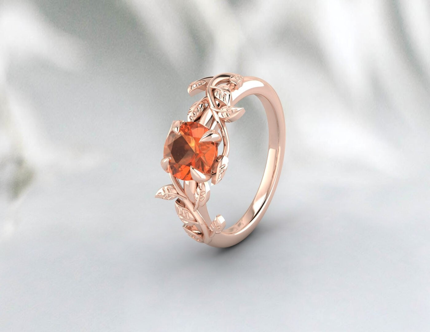 Bague de fiançailles en forme de feuille de saphir orange, cadeau d'anniversaire pour femmes