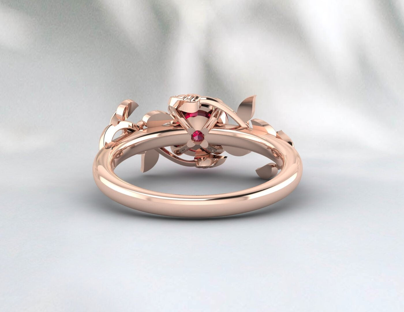 Red Ruby Ring Leaf Flower Engagement Ring Unique Anniversary Ring