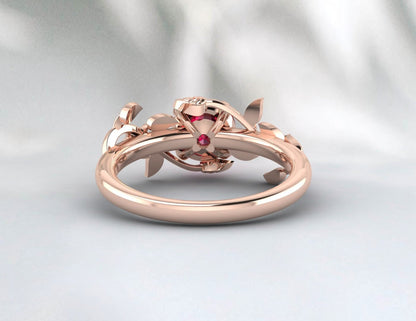 Red Ruby Ring Leaf Flower Engagement Ring Unique Anniversary Ring