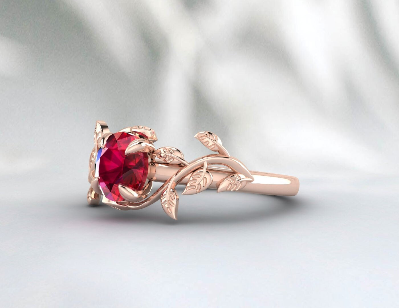 Red Ruby Ring Leaf Flower Engagement Ring Unique Anniversary Ring