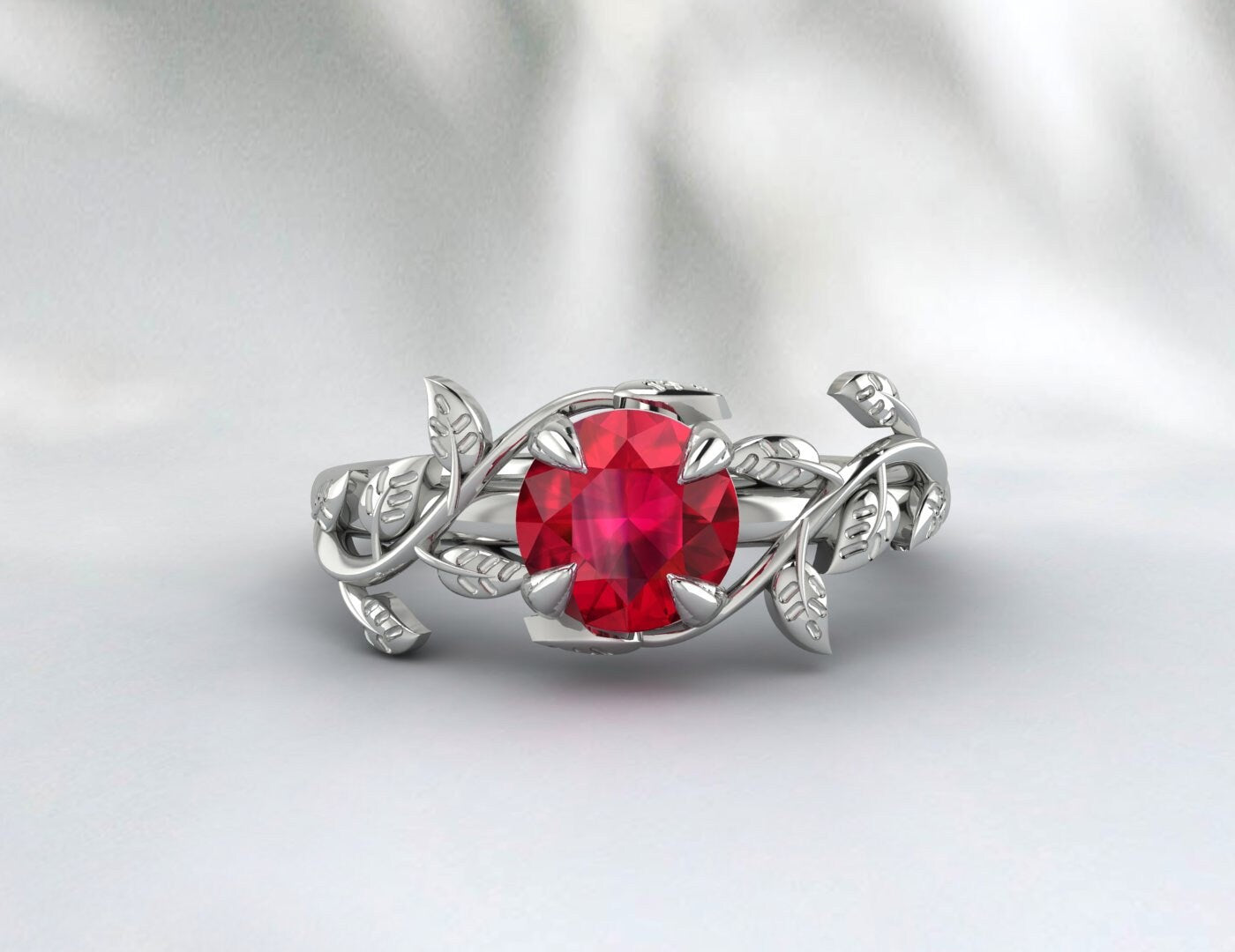 Red Ruby Ring Leaf Flower Engagement Ring Unique Anniversary Ring