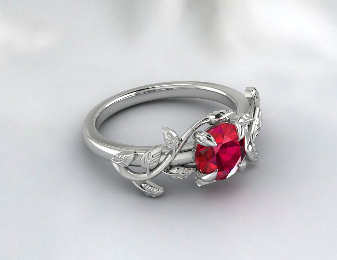 Red Ruby Ring Leaf Flower Engagement Ring Unique Anniversary Ring