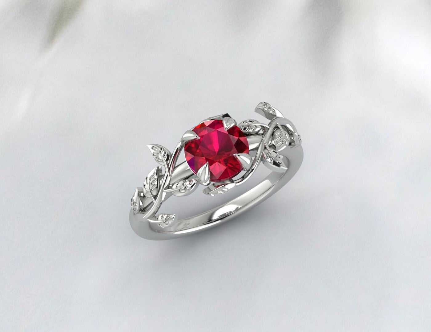 Red Ruby Ring Leaf Flower Engagement Ring Unique Anniversary Ring