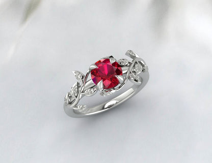 Red Ruby Ring Leaf Flower Engagement Ring Unique Anniversary Ring