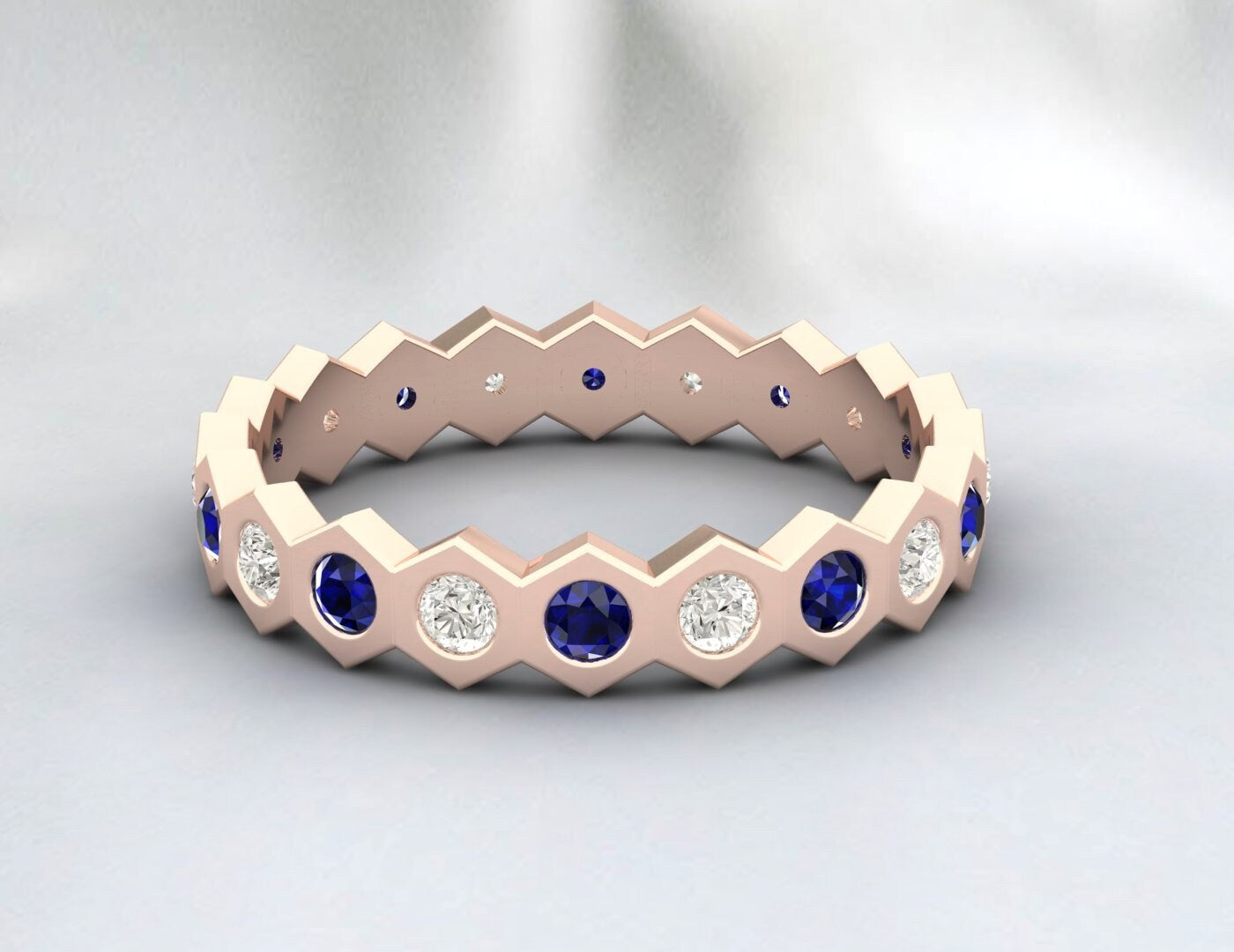 Alliance d'éternité en diamant et saphir bleu, style hexagonal