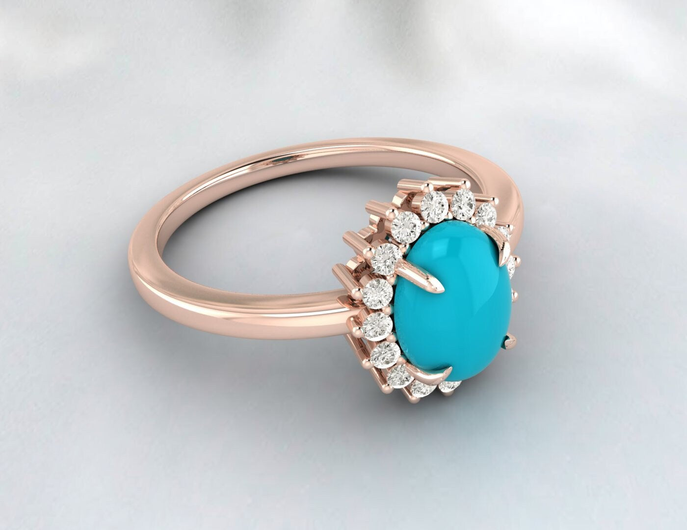 Bague de fiançailles halo ovale bleu turquoise naturel, alliance en diamant