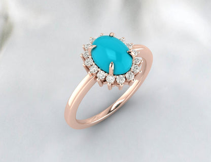 Bague de fiançailles halo ovale bleu turquoise naturel, alliance en diamant