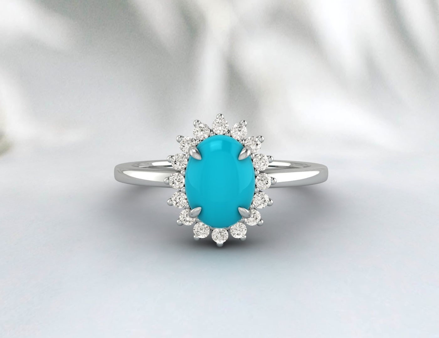 Bague de fiançailles halo ovale bleu turquoise naturel, alliance en diamant