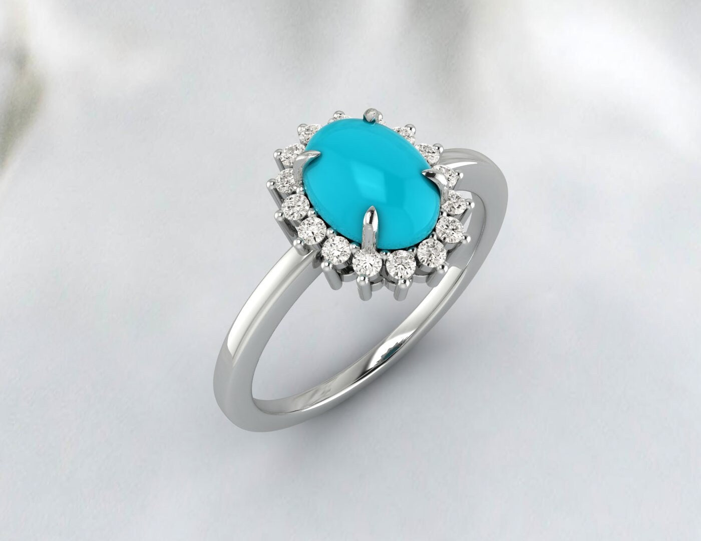 Bague de fiançailles halo ovale bleu turquoise naturel, alliance en diamant