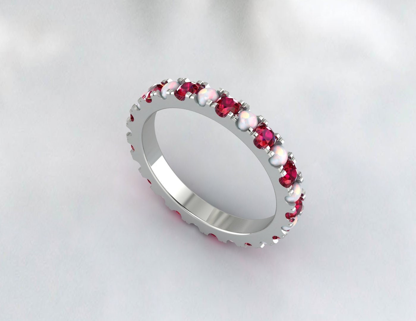 Ruby & Opal Silver Ring Band Full Eternity Wedding Promise Band Gift