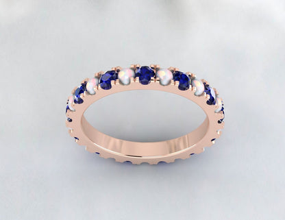 Opal & Sapphire Wedding Band Eternity Matching Band Anniversary Ring