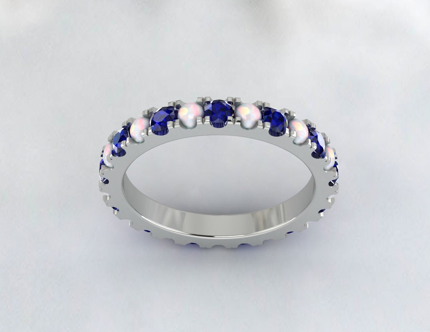 Opal & Sapphire Wedding Band Eternity Matching Band Anniversary Ring