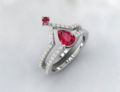 Vintage Pear Ruby Wedding Set Engagement Ruby July Birthstone Ring