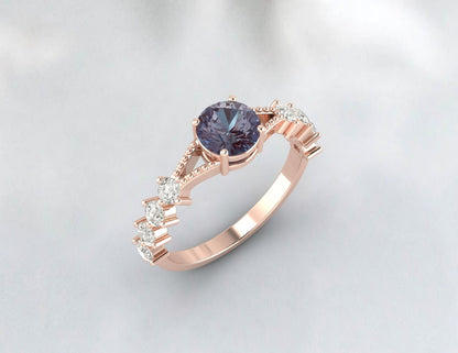 Round Cut Color Changing Alexandrite Ring Silver Anniversary Ring