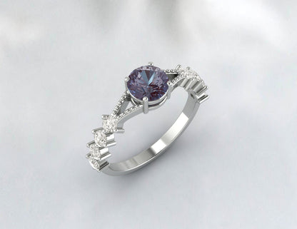 Round Cut Color Changing Alexandrite Ring Silver Anniversary Ring