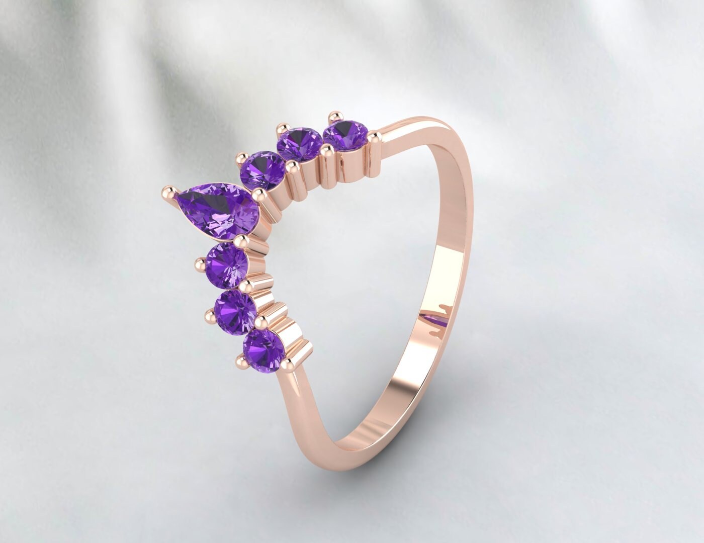 Teardrop Purple Amethyst Curved Wedding Band Ring Pear Amethyst Ring