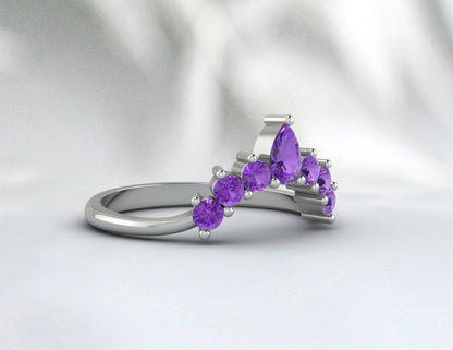 Teardrop Purple Amethyst Curved Wedding Band Ring Pear Amethyst Ring