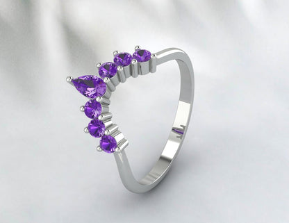 Teardrop Purple Amethyst Curved Wedding Band Ring Pear Amethyst Ring