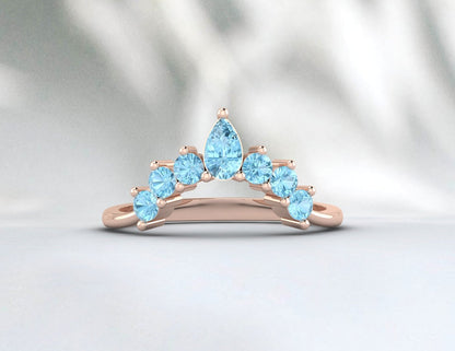 Crown Aquamarine Curve Wedding Band Chevron Anniversary Ring For Her